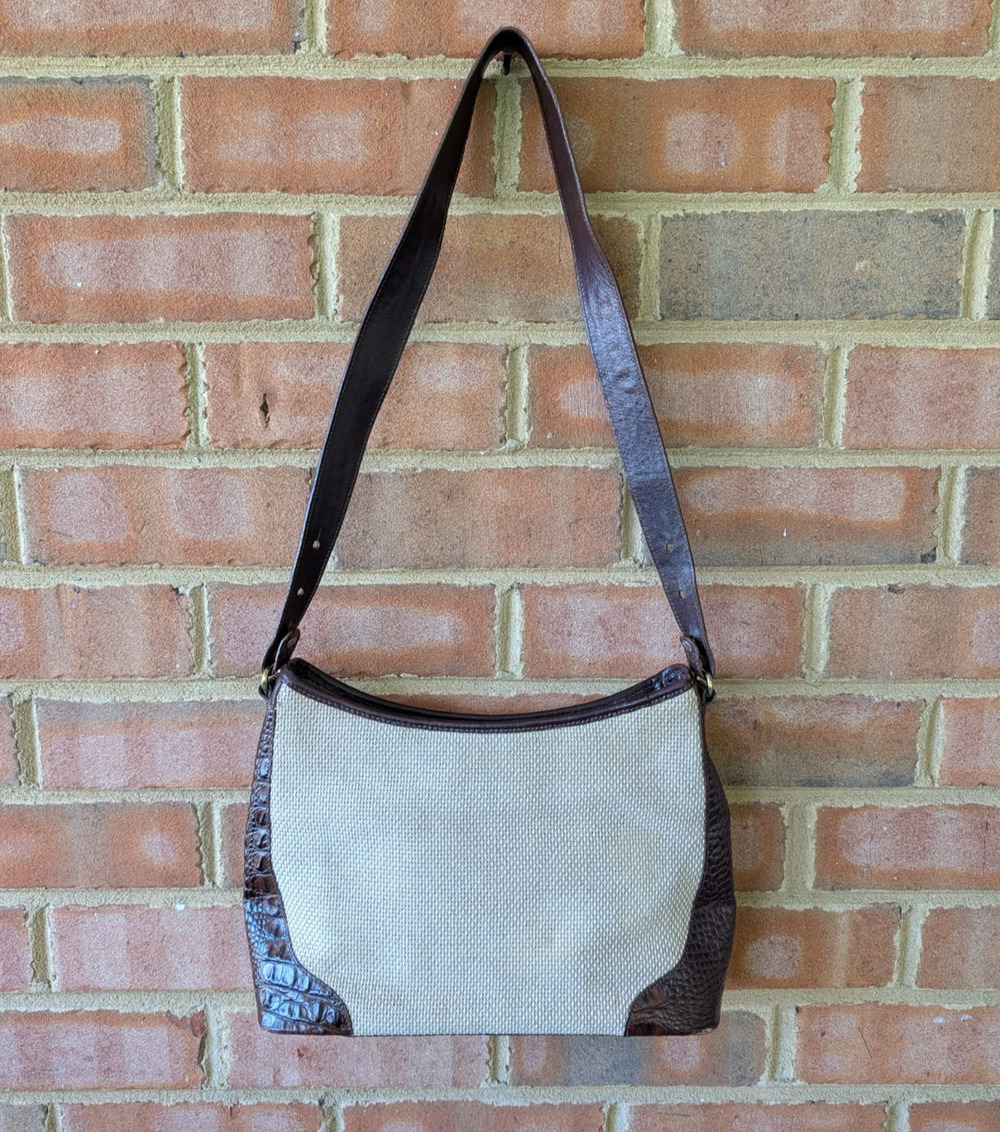 Vintage Brahmin Harbor Woven Linen Brown Leather Shoulder Bag Satchel Purse